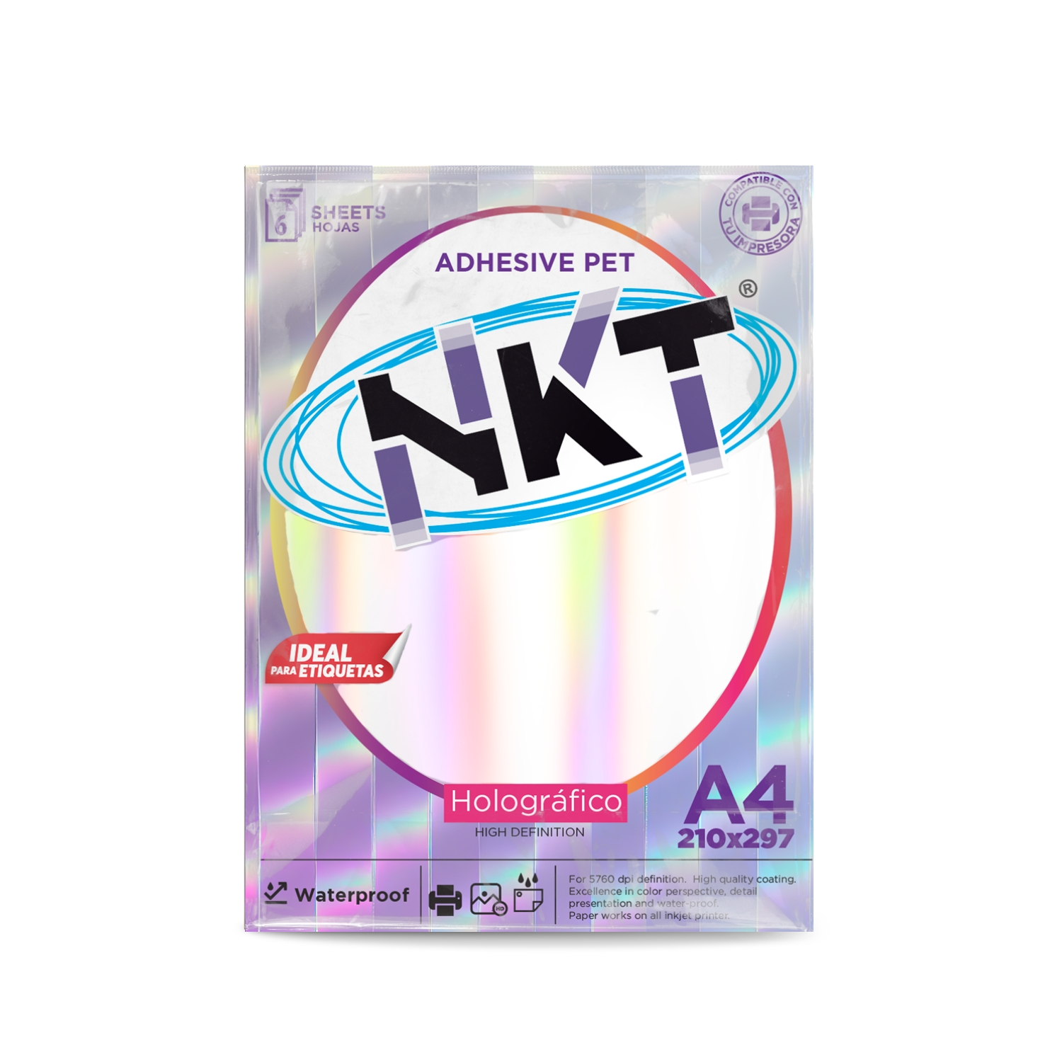 PAPEL ADHESIVO PET HOLOGRAFICO BLANCO A4/6H